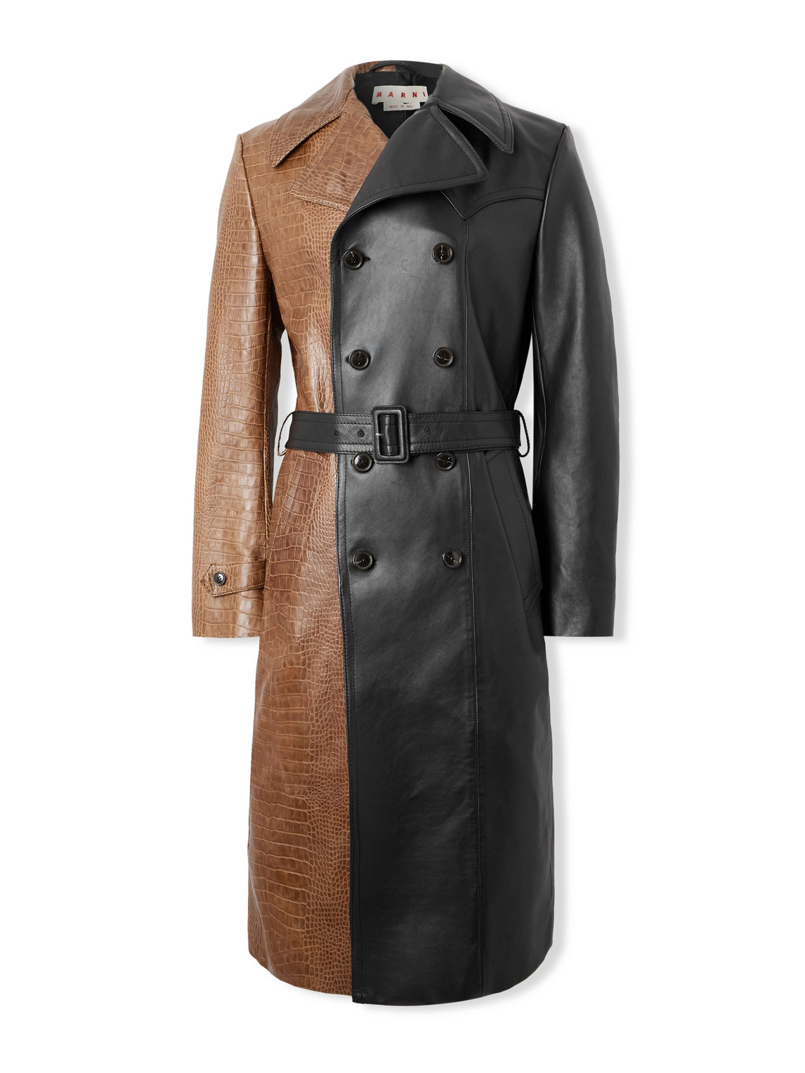 Marni Double-breasted Belted Two-tone Croc-effect Leather Coat In Black
