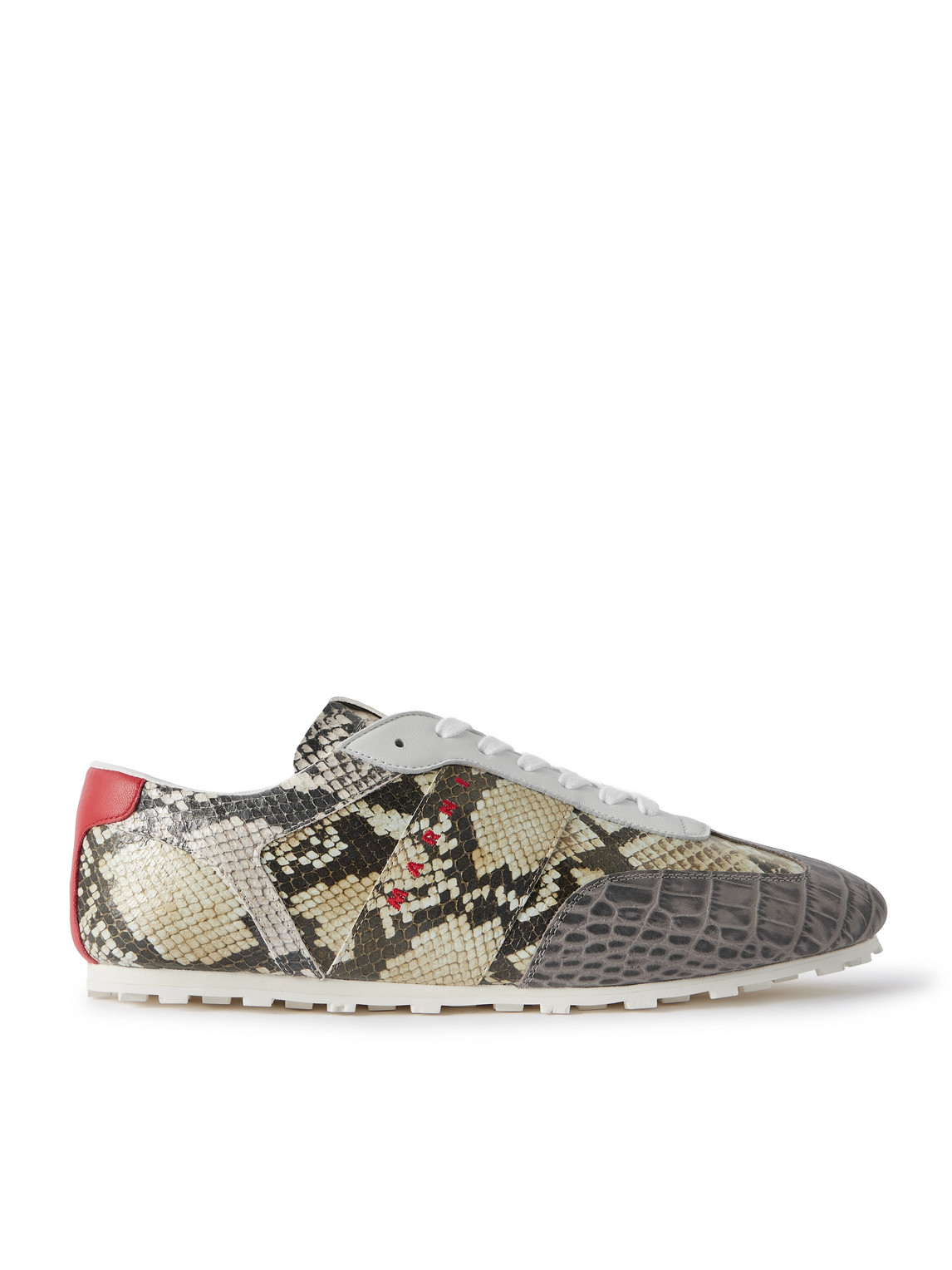 Marni Logo-embroidered Croc And Snake-effect Leather Sneakers In Gray