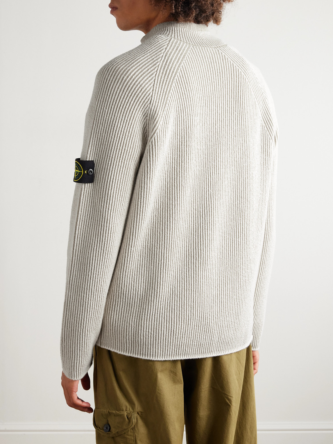 Stone Island White Sweater With Logo Patch On The Sleeve And Front Half Zip Closure In Wool Stretch Man In Neutral