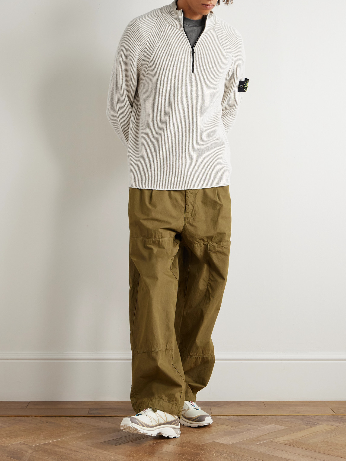 Stone Island White Sweater With Logo Patch On The Sleeve And Front Half Zip Closure In Wool Stretch Man In Neutral