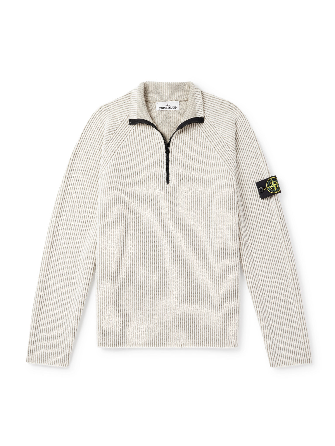 Stone Island White Sweater With Logo Patch On The Sleeve And Front Half Zip Closure In Wool Stretch Man In Neutral