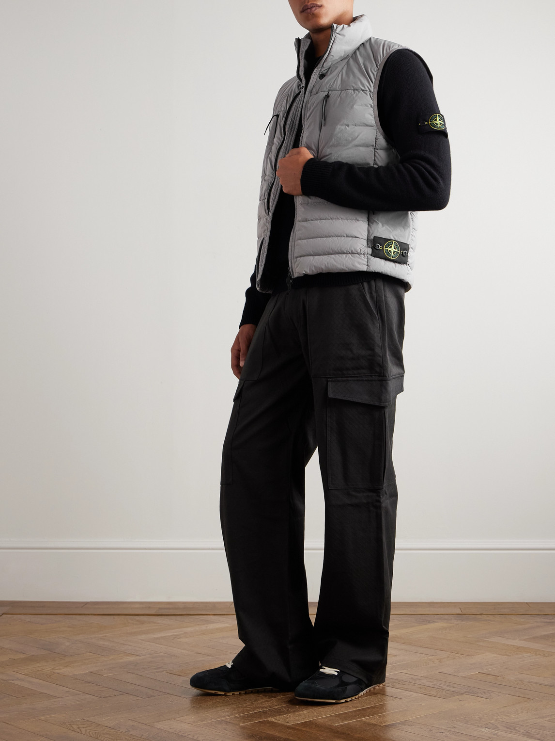 Stone Island Logo-appliquéd Quilted Stretch-shell Down Gilet In Gray