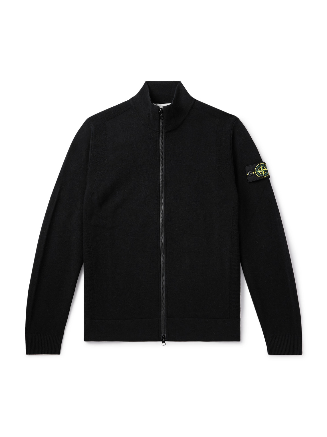 Stone Island Logo-appliquéd Wool-blend Zip-up Cardigan In Black
