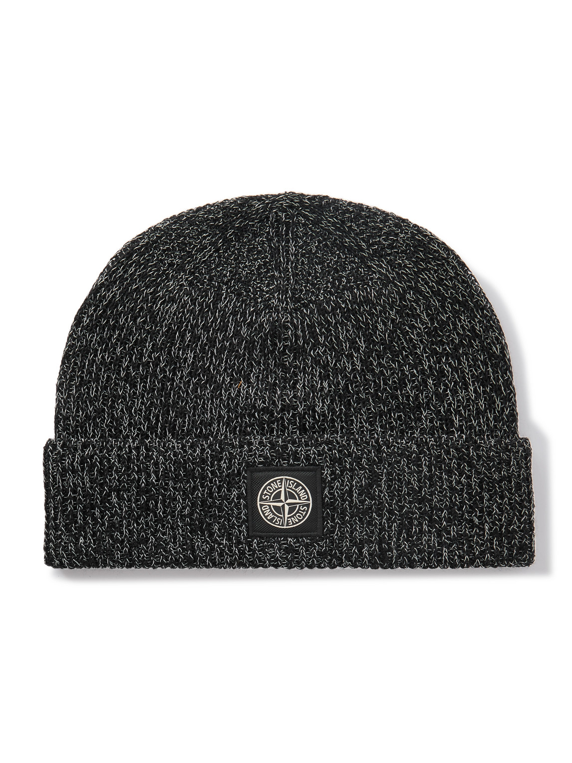 Stone Island Logo-appliquéd Reflective Ribbed-knit Beanie In Black