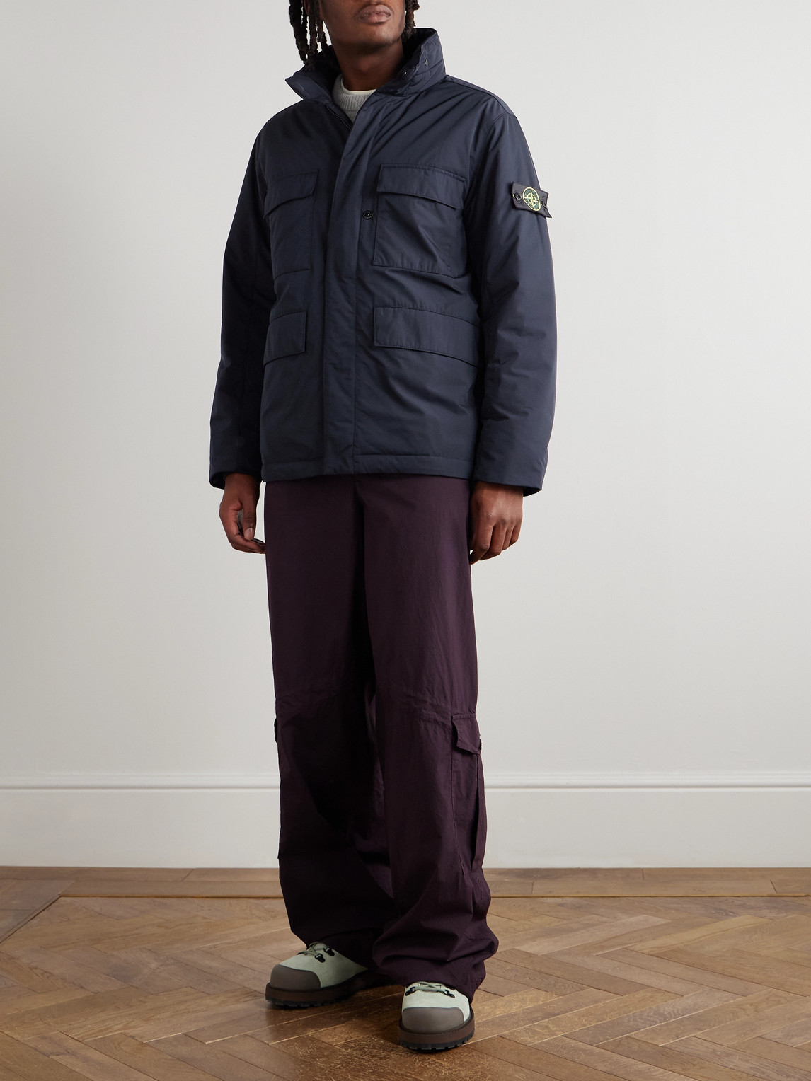 Stone Island Logo-appliquéd Padded Micro Twill Hooded Field Jacket In Blue