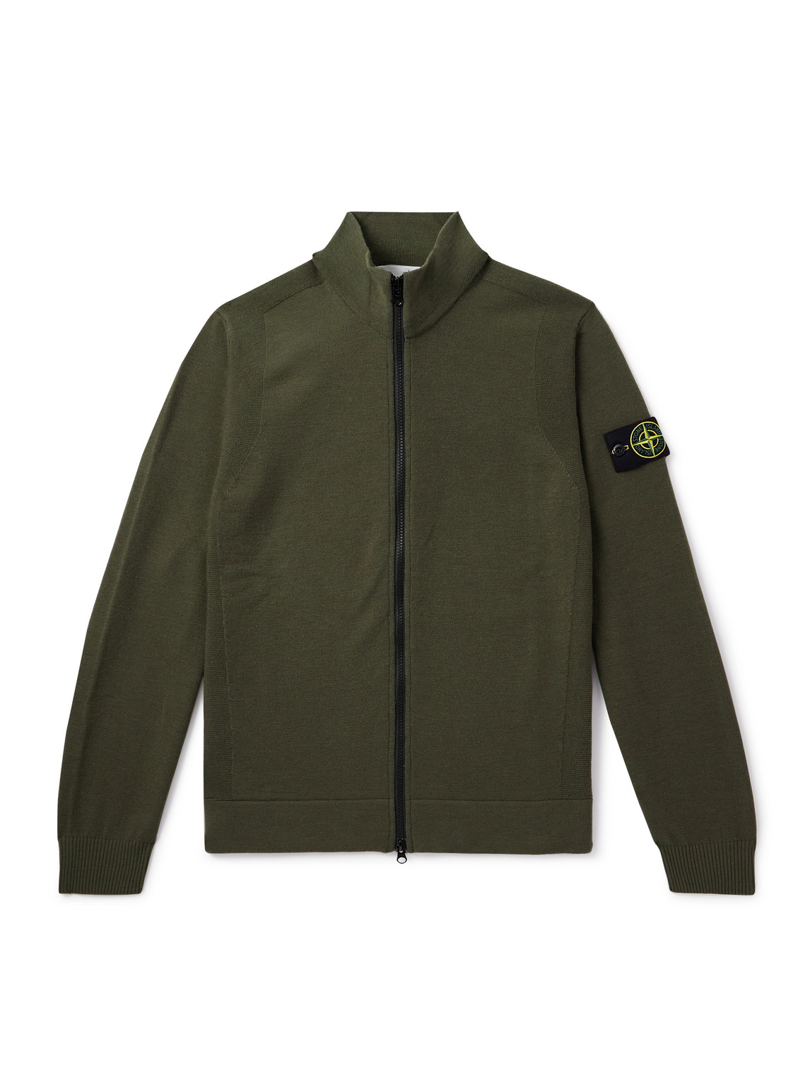 Stone Island Logo-appliquéd Wool-blend Zip-up Cardigan In Green