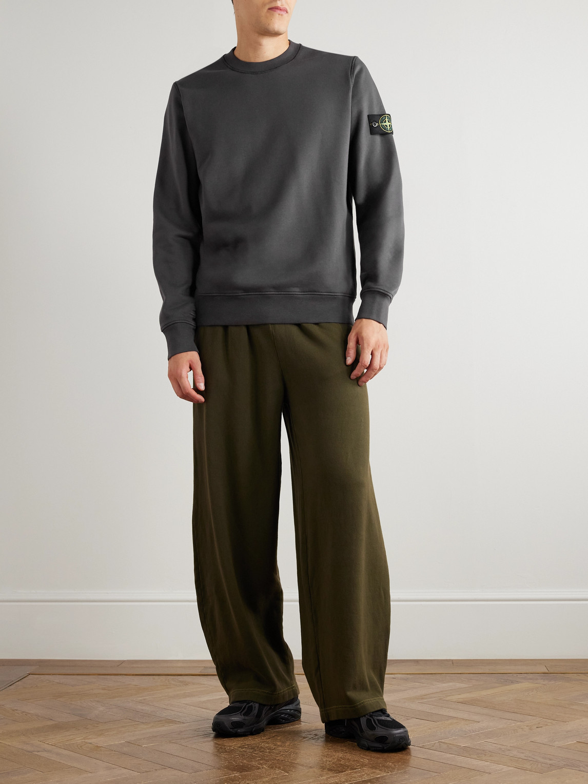 Stone Island Black Organic Cotton Diagonal Fleece Old Effect Sweatshirt In Black