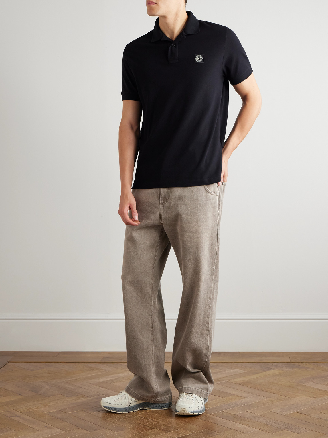 Stone Island Logo-patch Cotton Polo Shirt In Black
