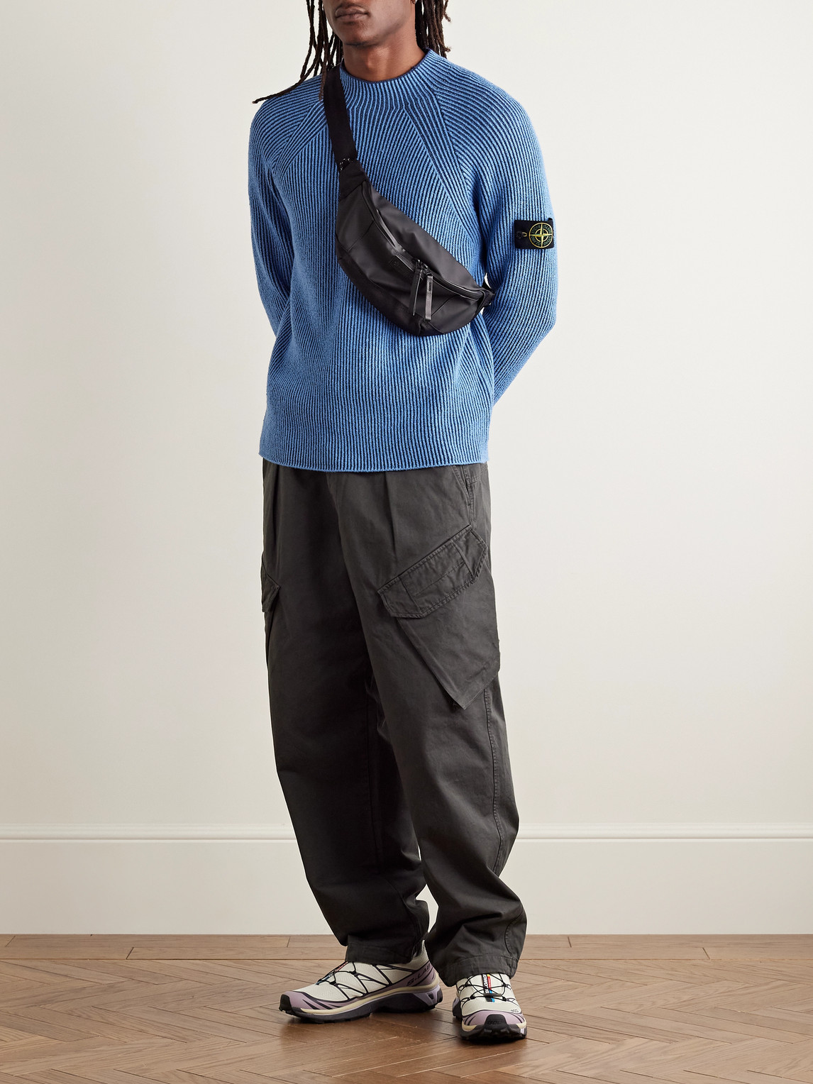 Stone Island Ribbed Texture Sweater With Crew Neckline In Blue