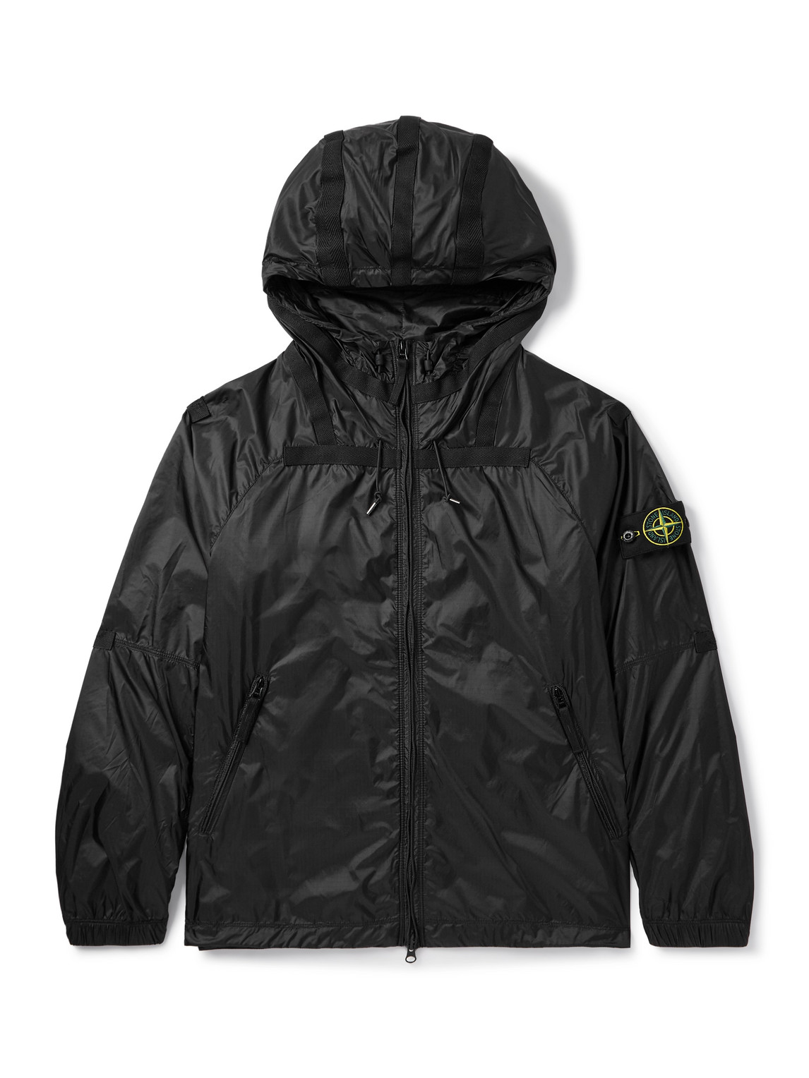 Stone Island Logo-appliqued Webbing-trimmed Ht Nylon-ripstop Hooded Jacket In Black