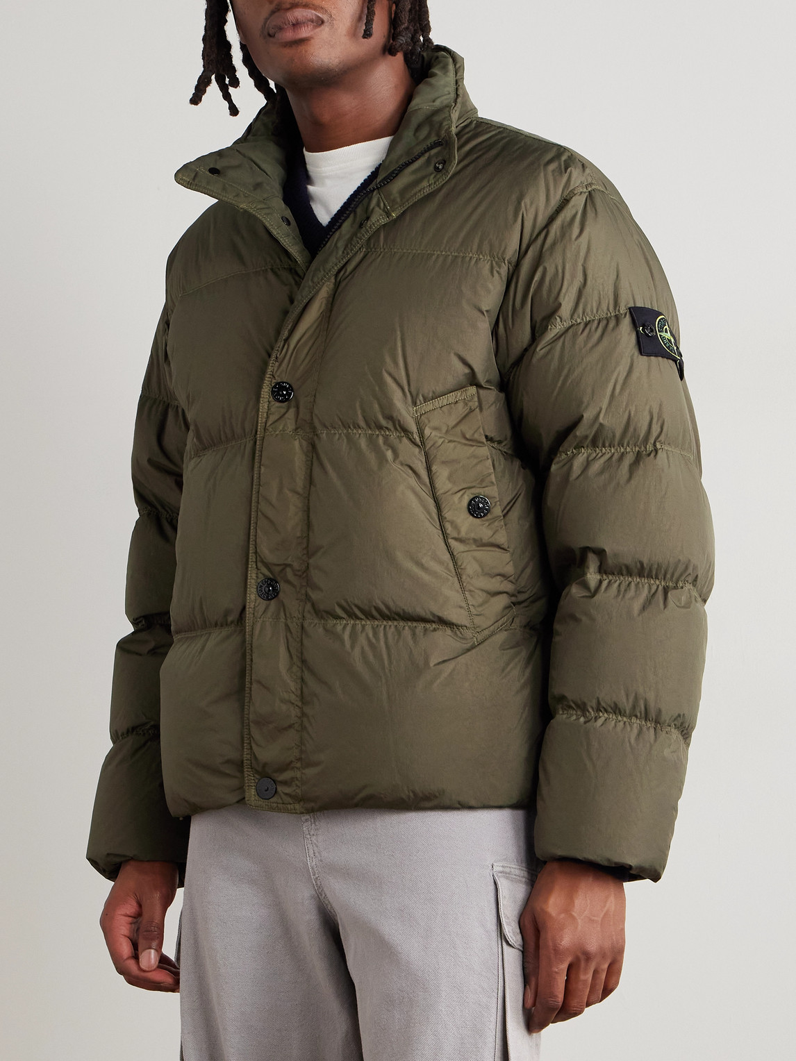 Stone Island Logo-appliquéd Garment-dyed Quilted Crinkle Reps Down Jacket In Green