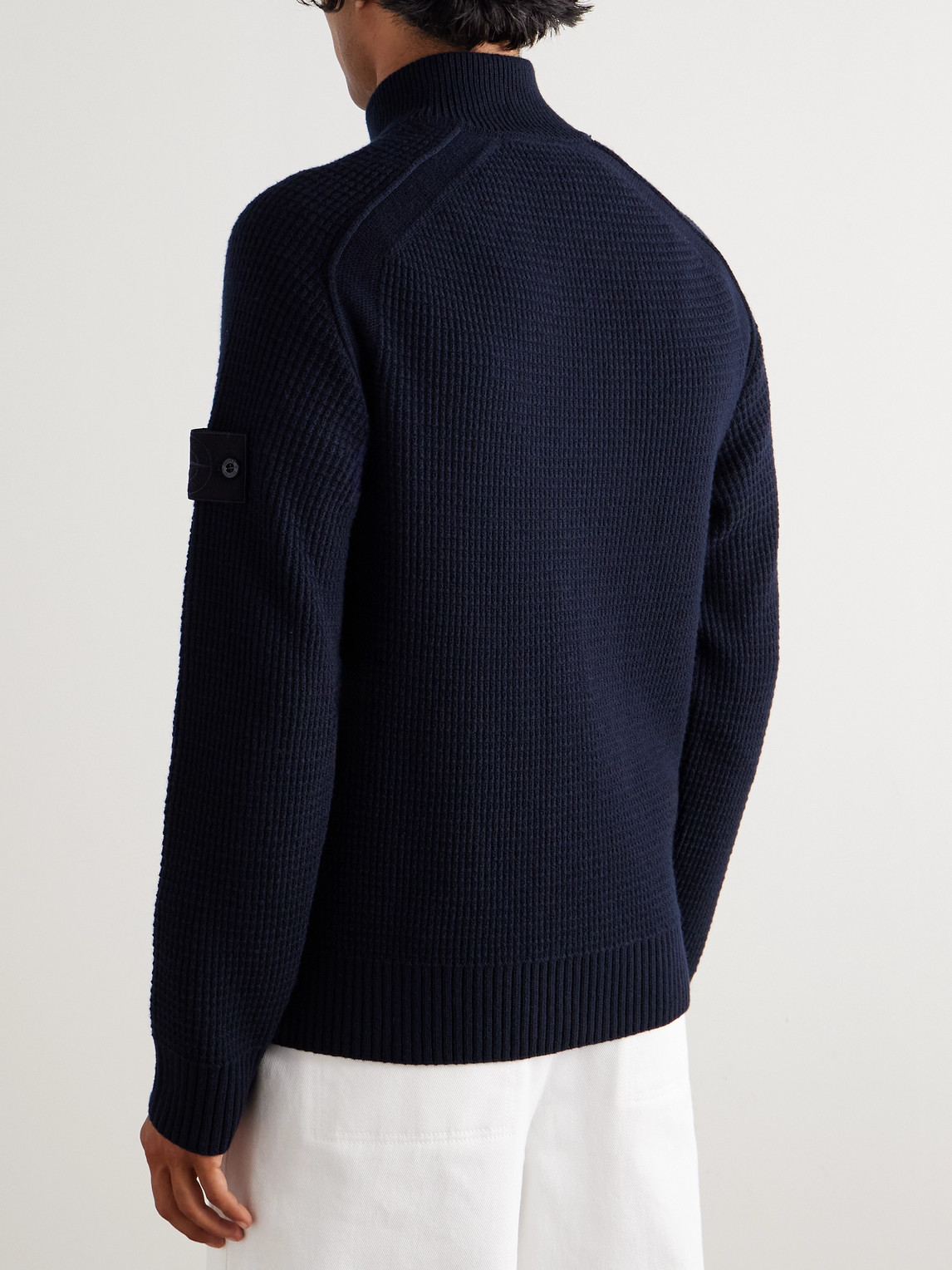 Stone Island Ghost Waffle-knit Virgin Wool Zip-up Cardigan In Blue