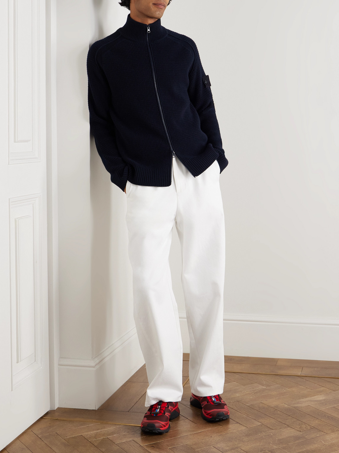 Stone Island Ghost Waffle-knit Virgin Wool Zip-up Cardigan In Blue