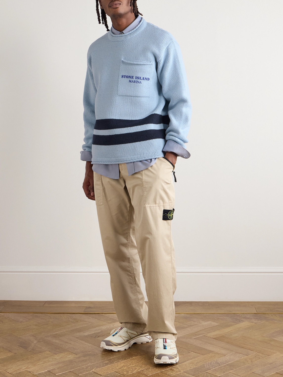 Stone Island Marina Logo-print Striped Wool Sweater In Blue