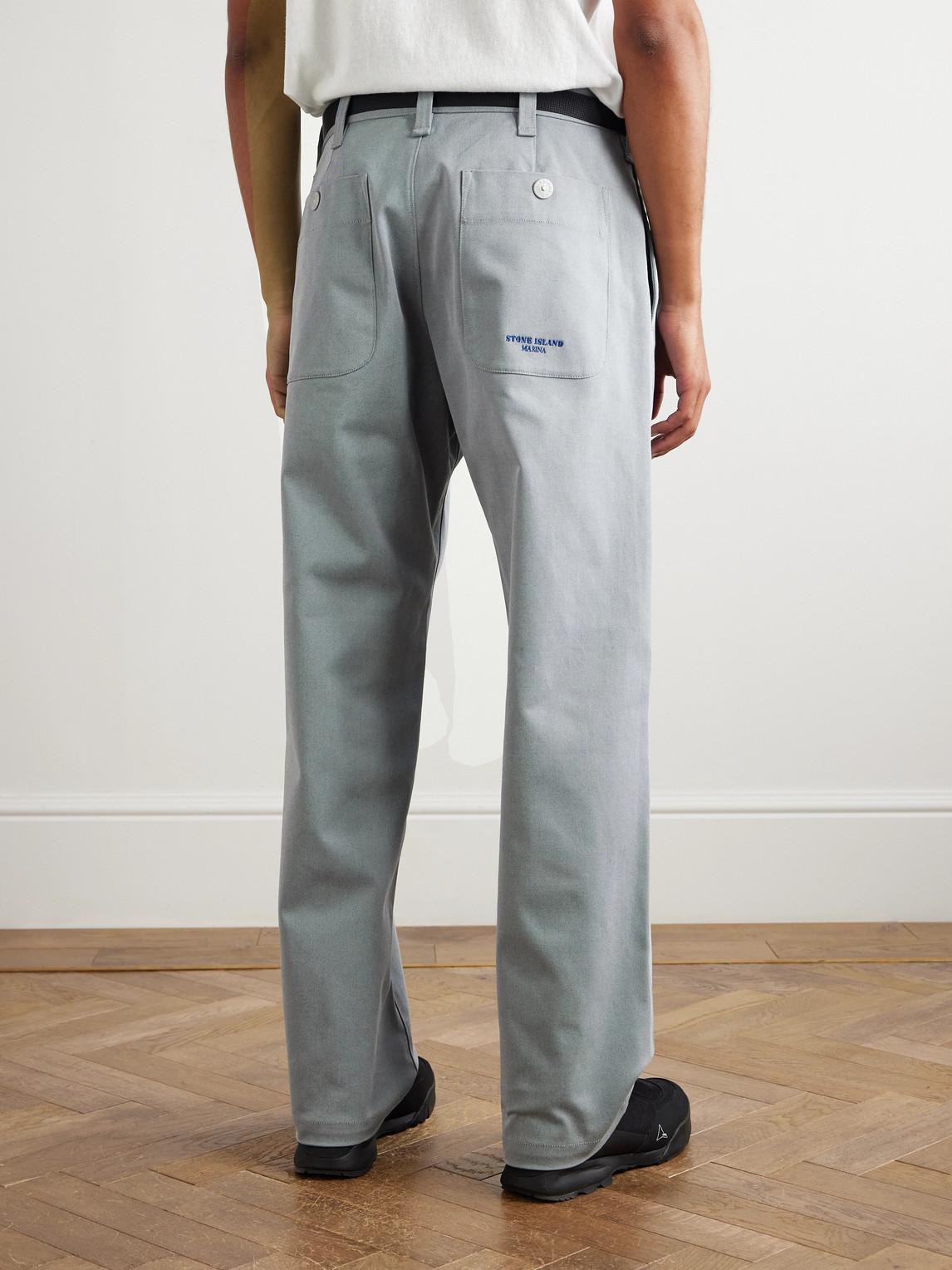 Stone Island Marina Wide-leg Belted Pleated Cotton-blend Gabardine Trousers In Blue