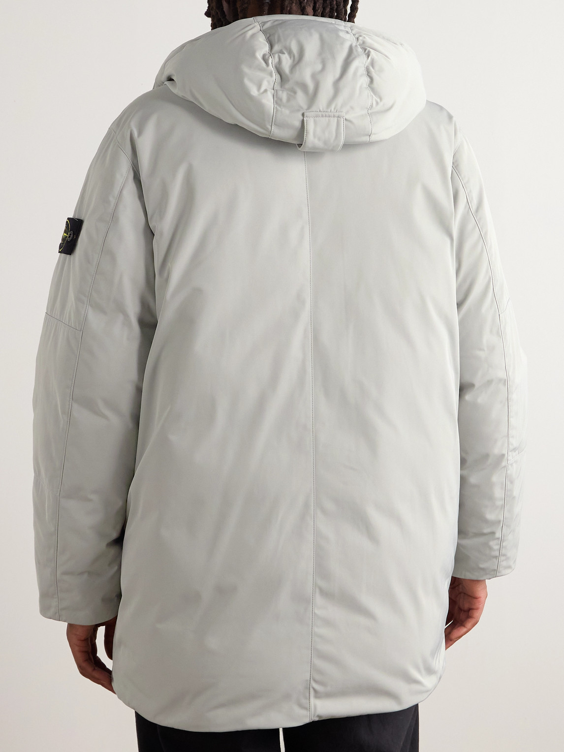 Stone Island Logo-appliquéd Micro Twill Hooded Down Parka In Gray