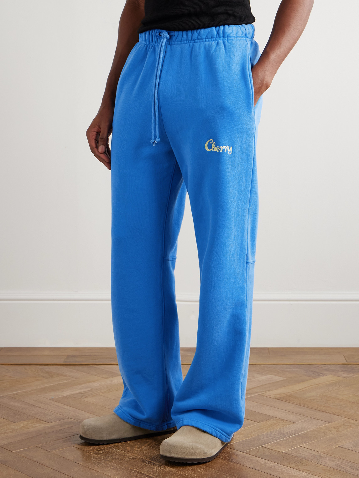 Cherry Los Angeles Straight-leg Logo-embroidered Cotton-jersey Sweatpants In Blue