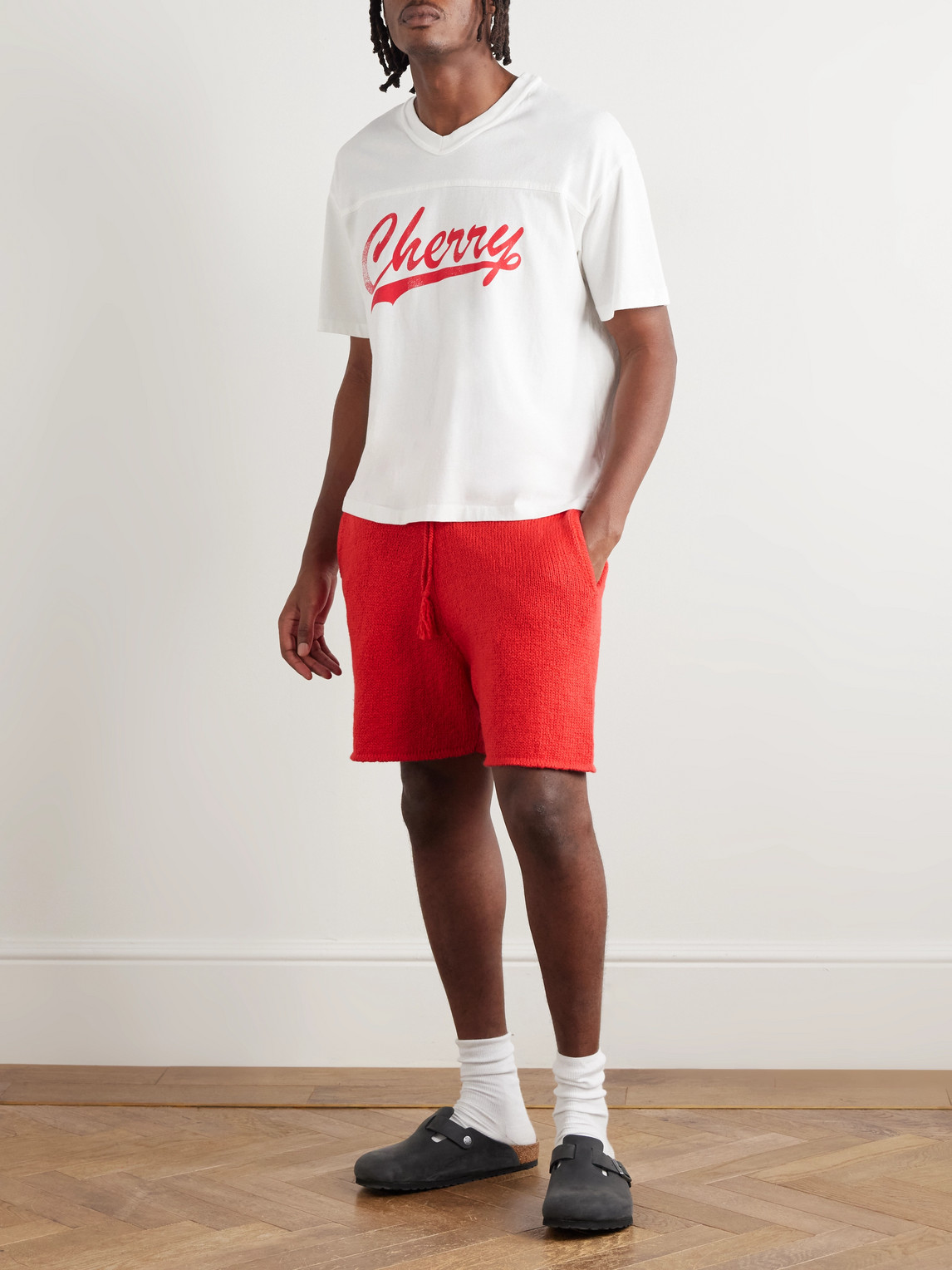 Cherry Los Angeles Straight-leg Cotton Drawstring Shorts In White