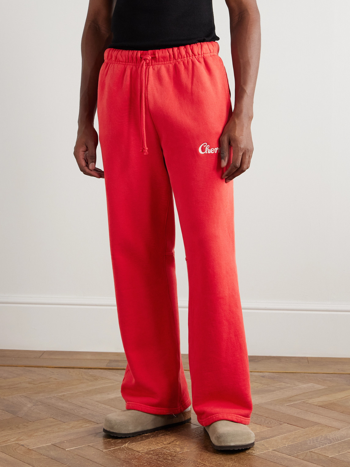 Cherry Los Angeles Straight-leg Logo-embroidered Cotton-jersey Sweatpants In Red