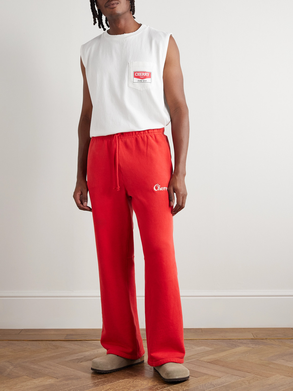 Cherry Los Angeles Straight-leg Logo-embroidered Cotton-jersey Sweatpants In Red
