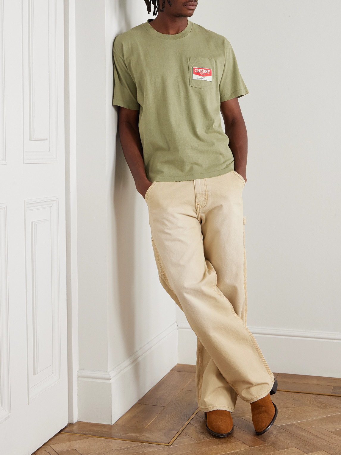 Cherry Los Angeles Garment-dyed Logo-print Distressed Cotton-jersey T-shirt In Green