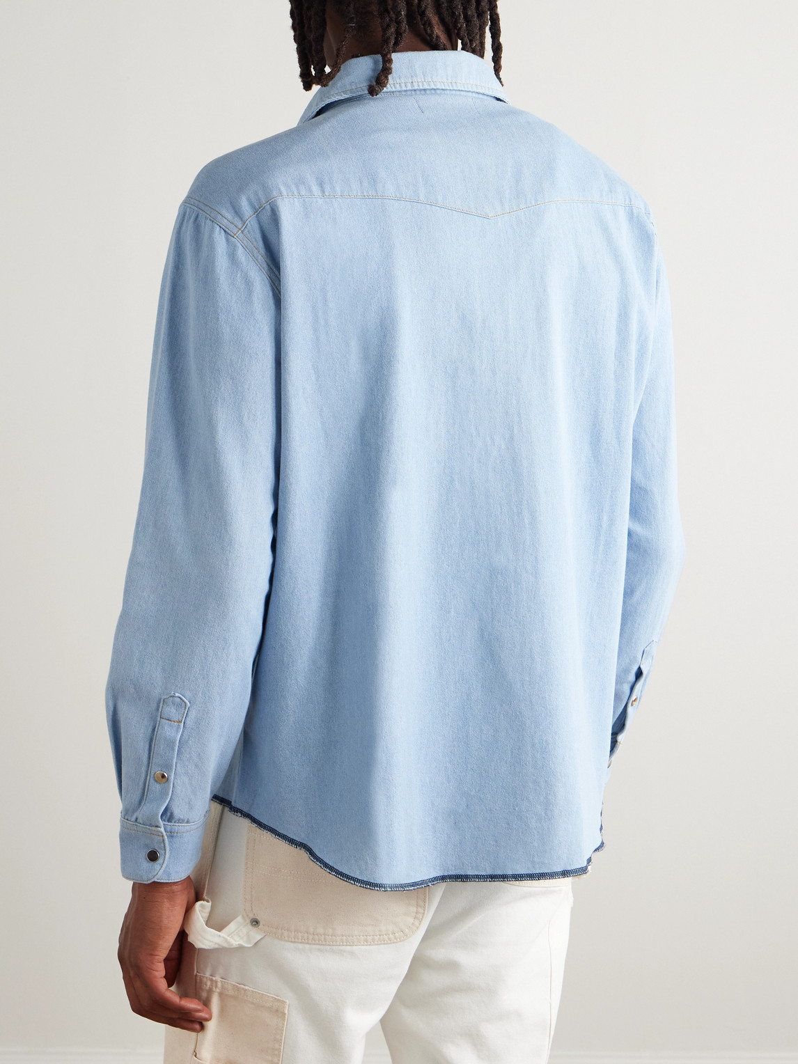 Cherry Los Angeles Logo-embroidered Cotton-chambray Western Shirt In Blue