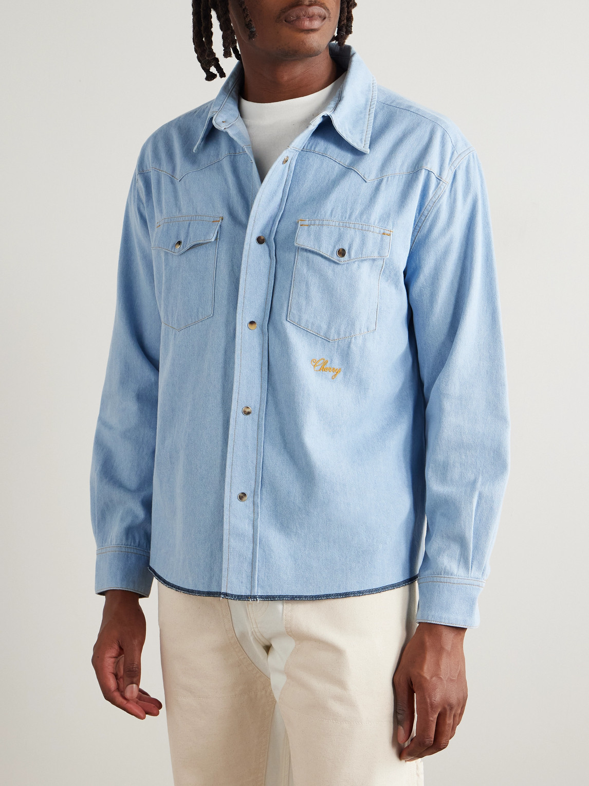 Cherry Los Angeles Logo-embroidered Cotton-chambray Western Shirt In Blue