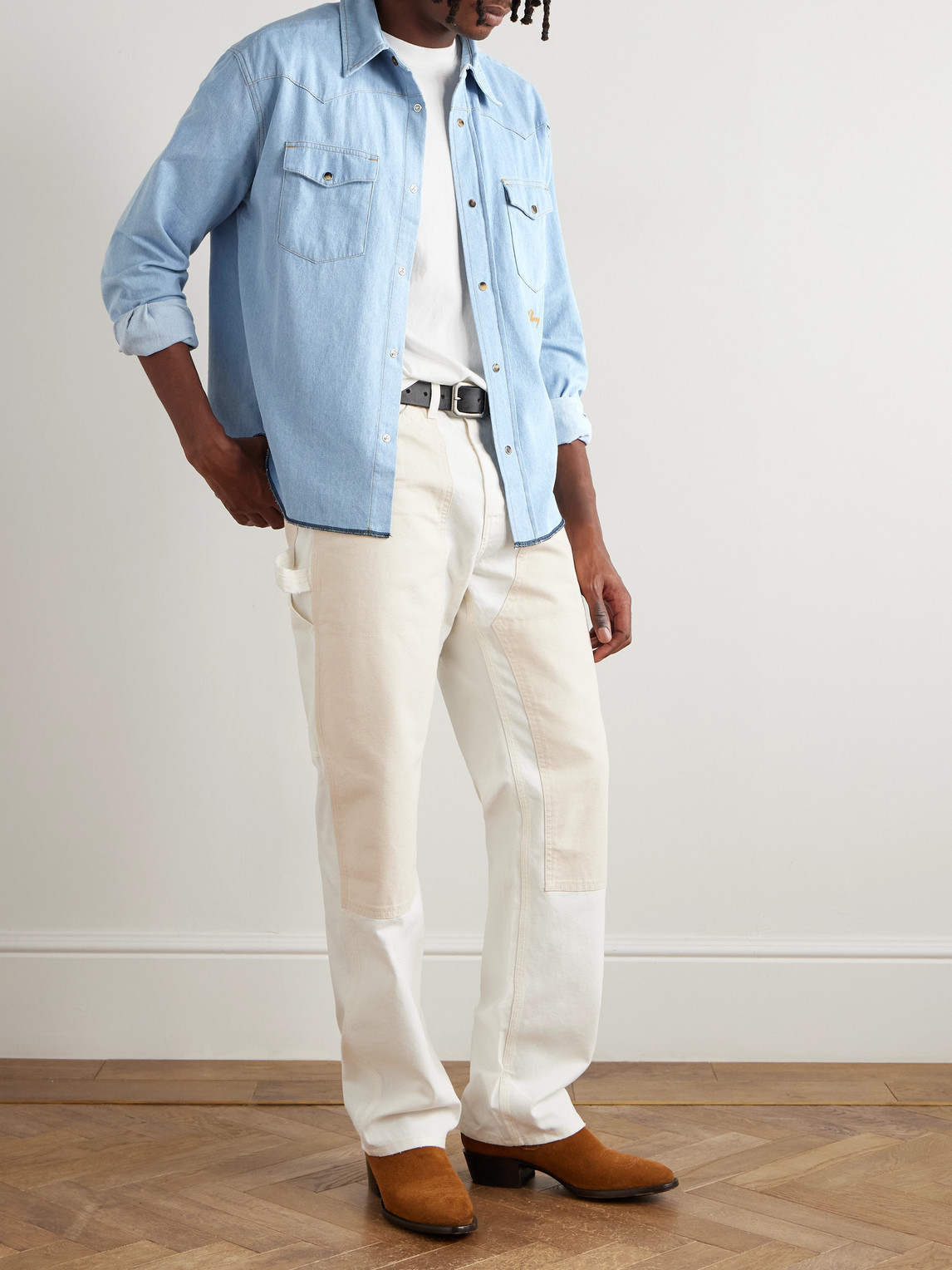 Cherry Los Angeles Logo-embroidered Cotton-chambray Western Shirt In Blue