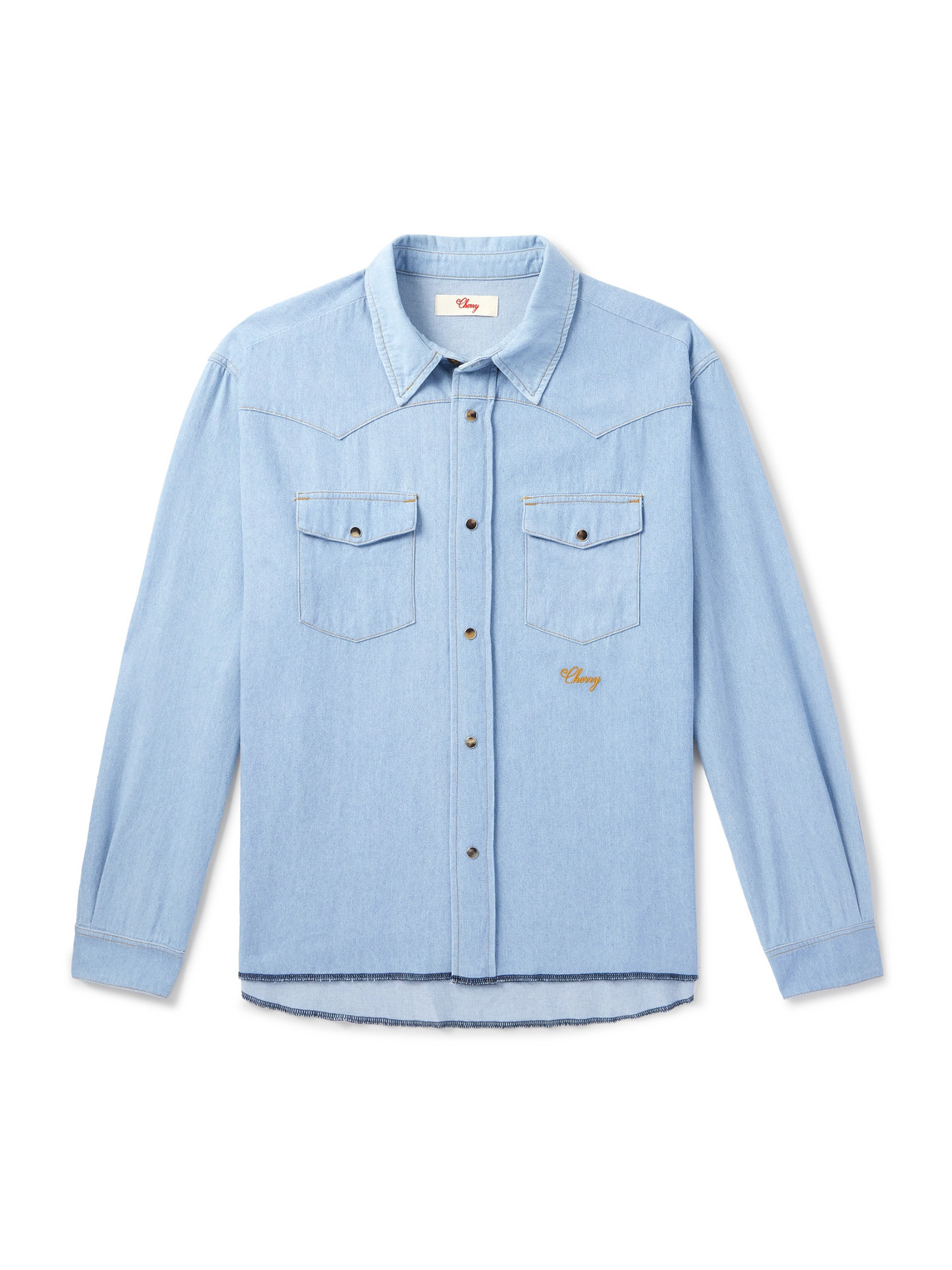 Cherry Los Angeles Logo-embroidered Cotton-chambray Western Shirt In Blue