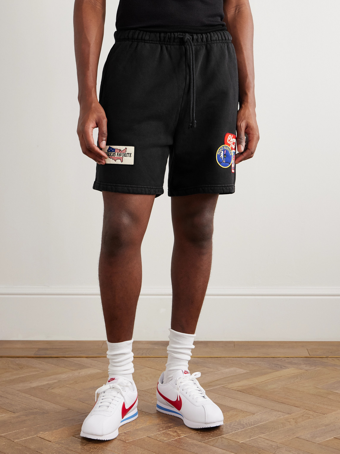 Cherry Los Angeles Straight-leg Appliquéd Cotton-jersey Drawstring Shorts In Black