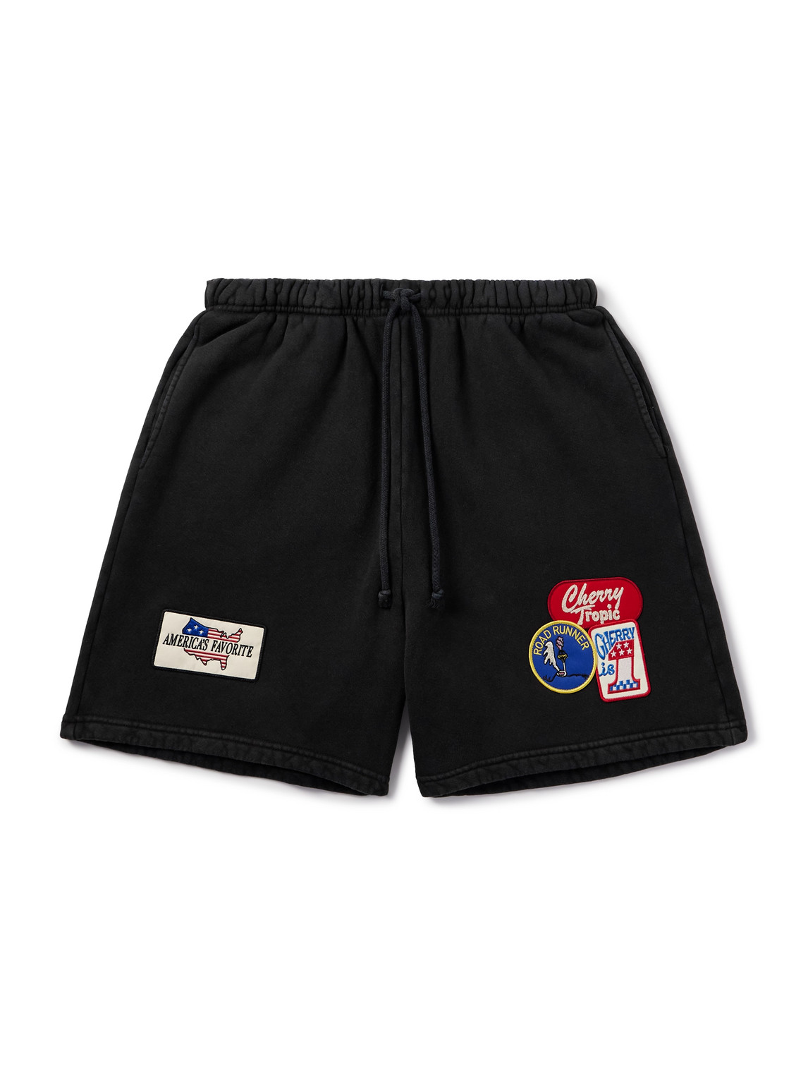 Cherry Los Angeles Straight-leg Appliquéd Cotton-jersey Drawstring Shorts In Black