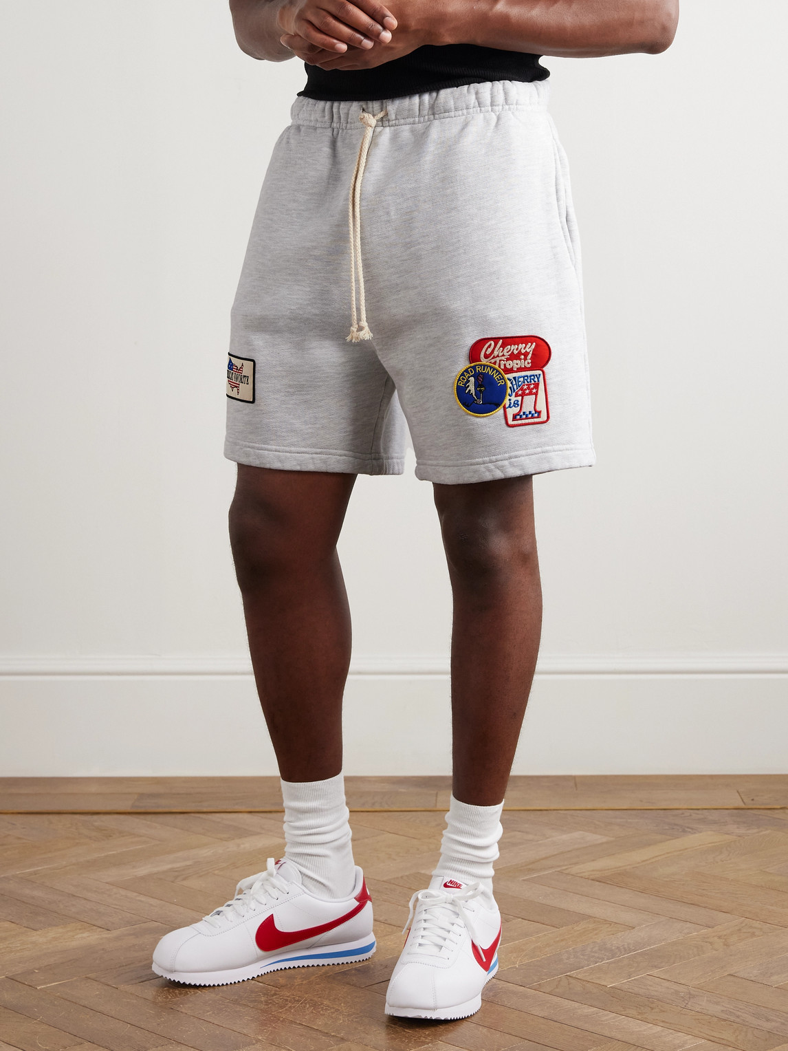 Cherry Los Angeles Straight-leg Appliquéd Cotton-jersey Drawstring Shorts In Gray