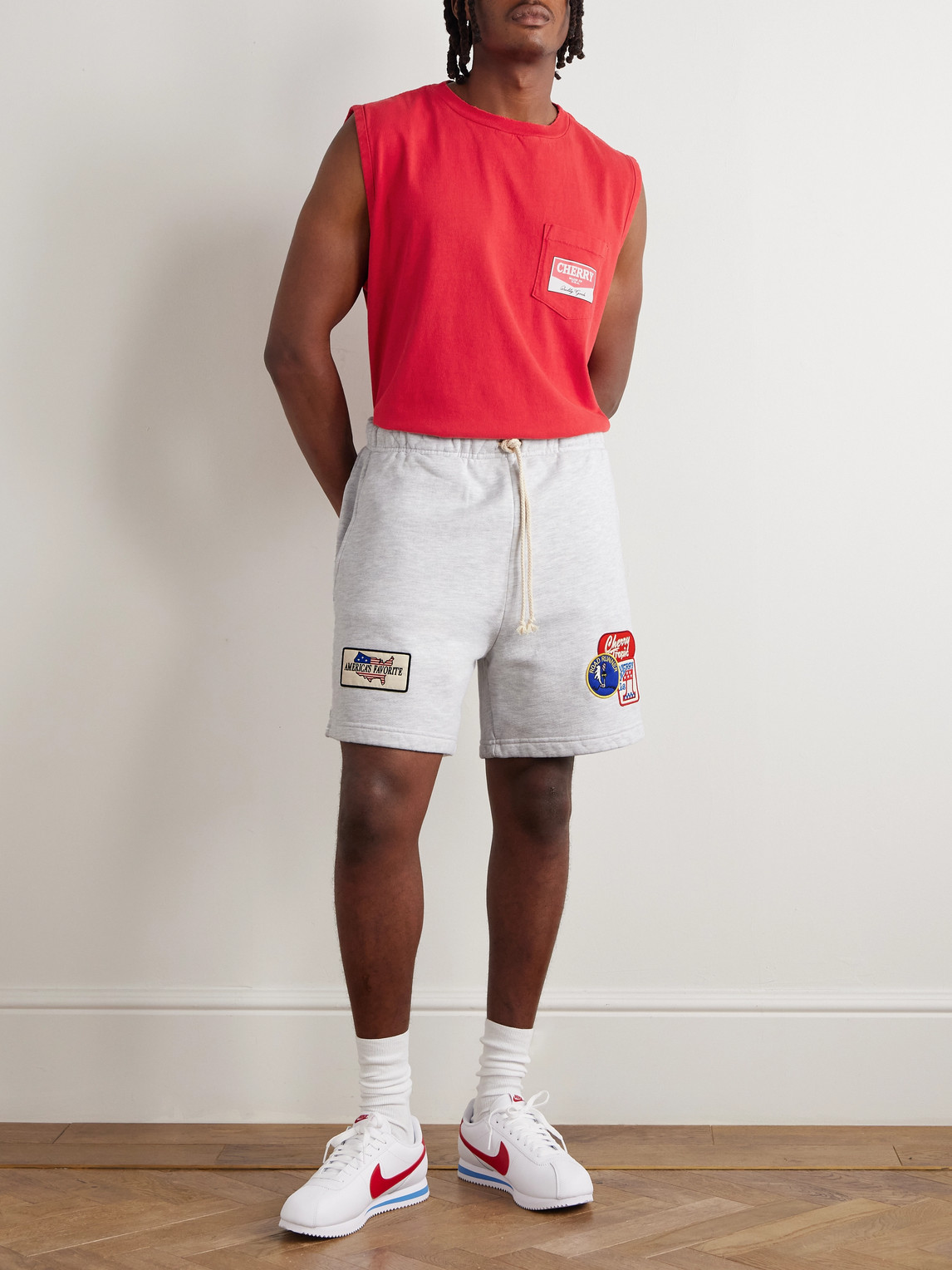 Cherry Los Angeles Straight-leg Appliquéd Cotton-jersey Drawstring Shorts In Gray