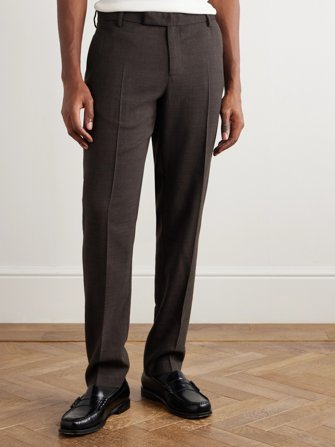 Sunspel Straight-leg Textured Wool-blend Suit Trousers In Brown