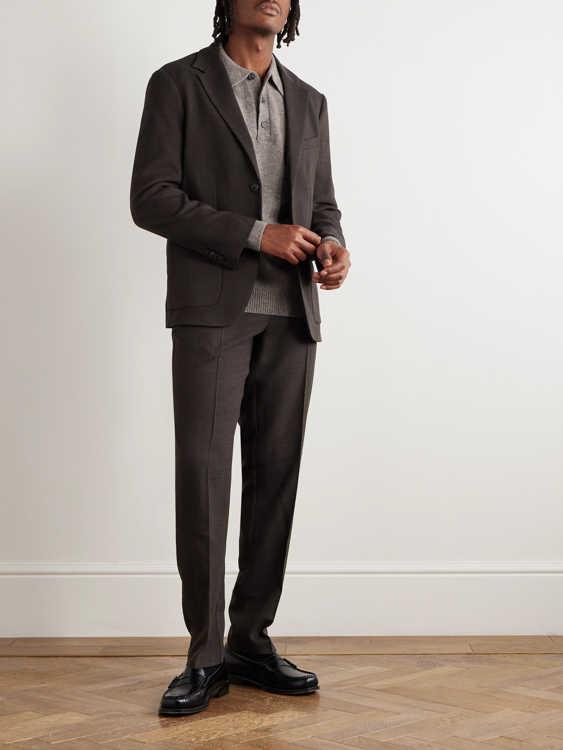 Sunspel Straight-leg Textured Wool-blend Suit Trousers In Brown