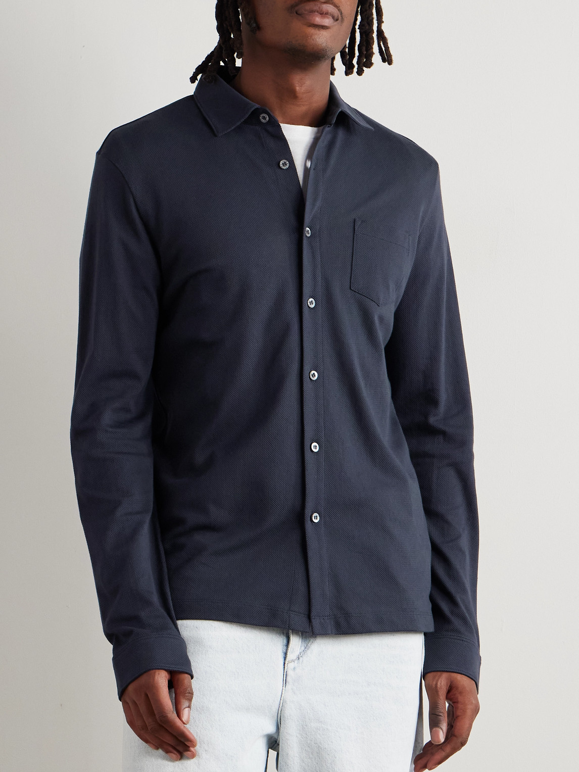 Sunspel Riviera Supima Cotton-mesh Shirt In Blue