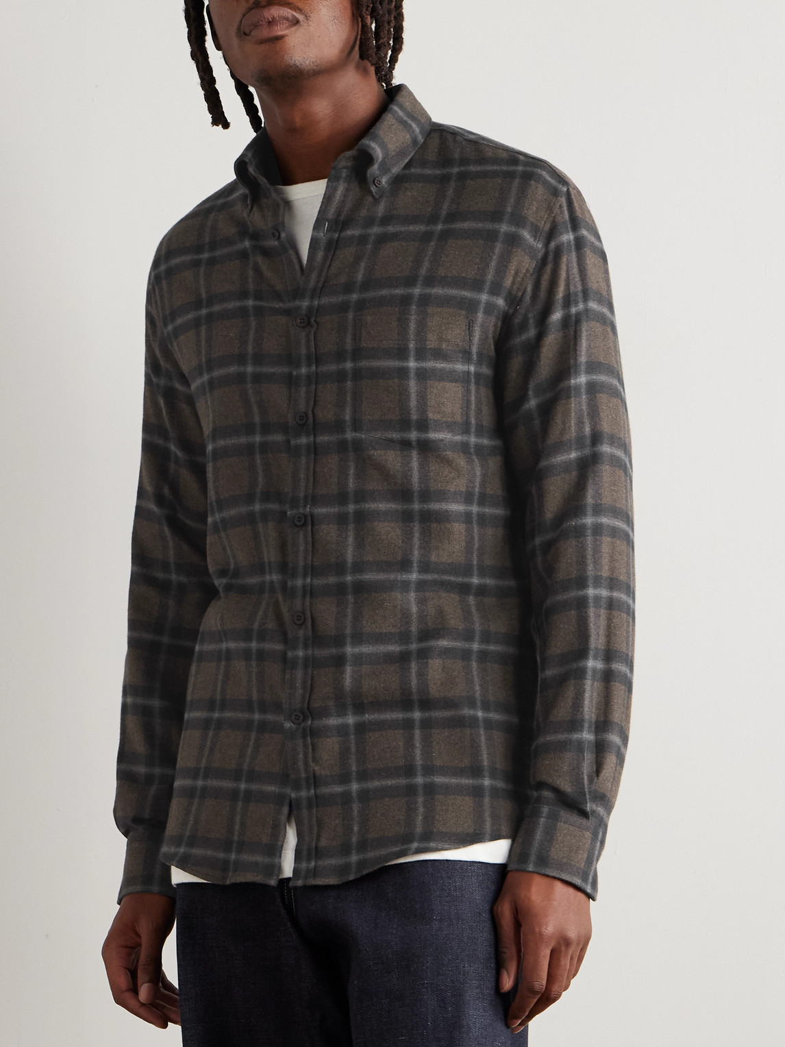 Sunspel Button-down Collar Checked Brushed Cotton-flannel Shirt In Brown