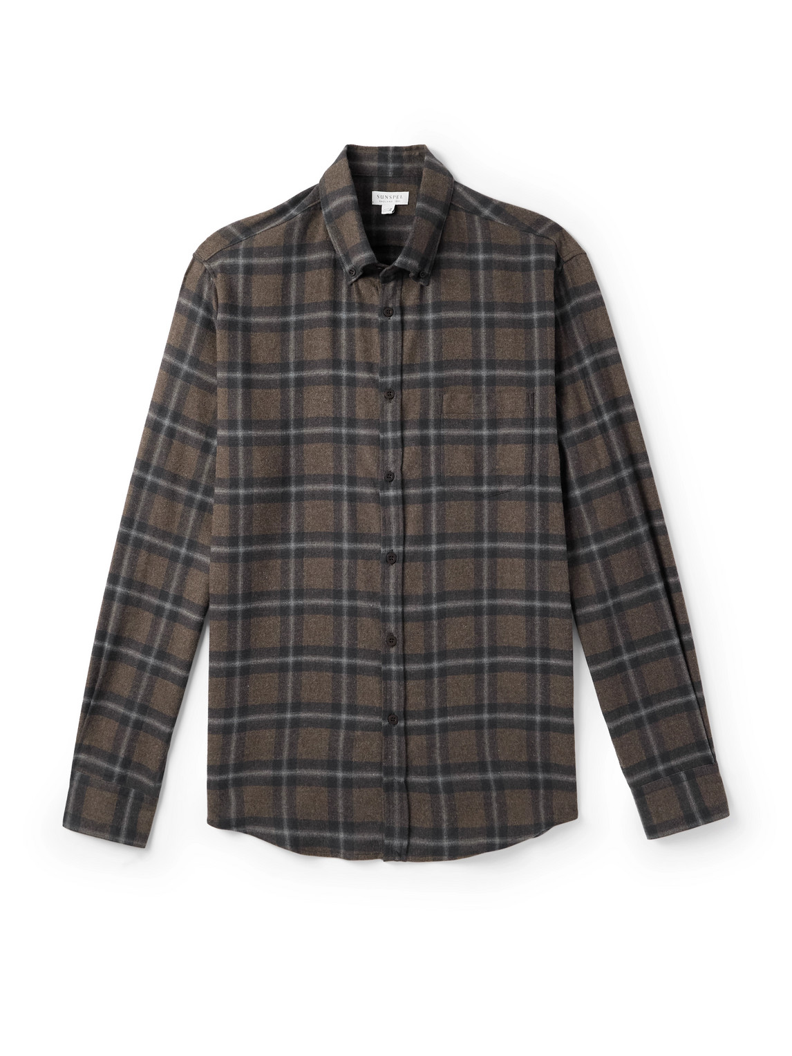 Sunspel Button-down Collar Checked Brushed Cotton-flannel Shirt In Brown