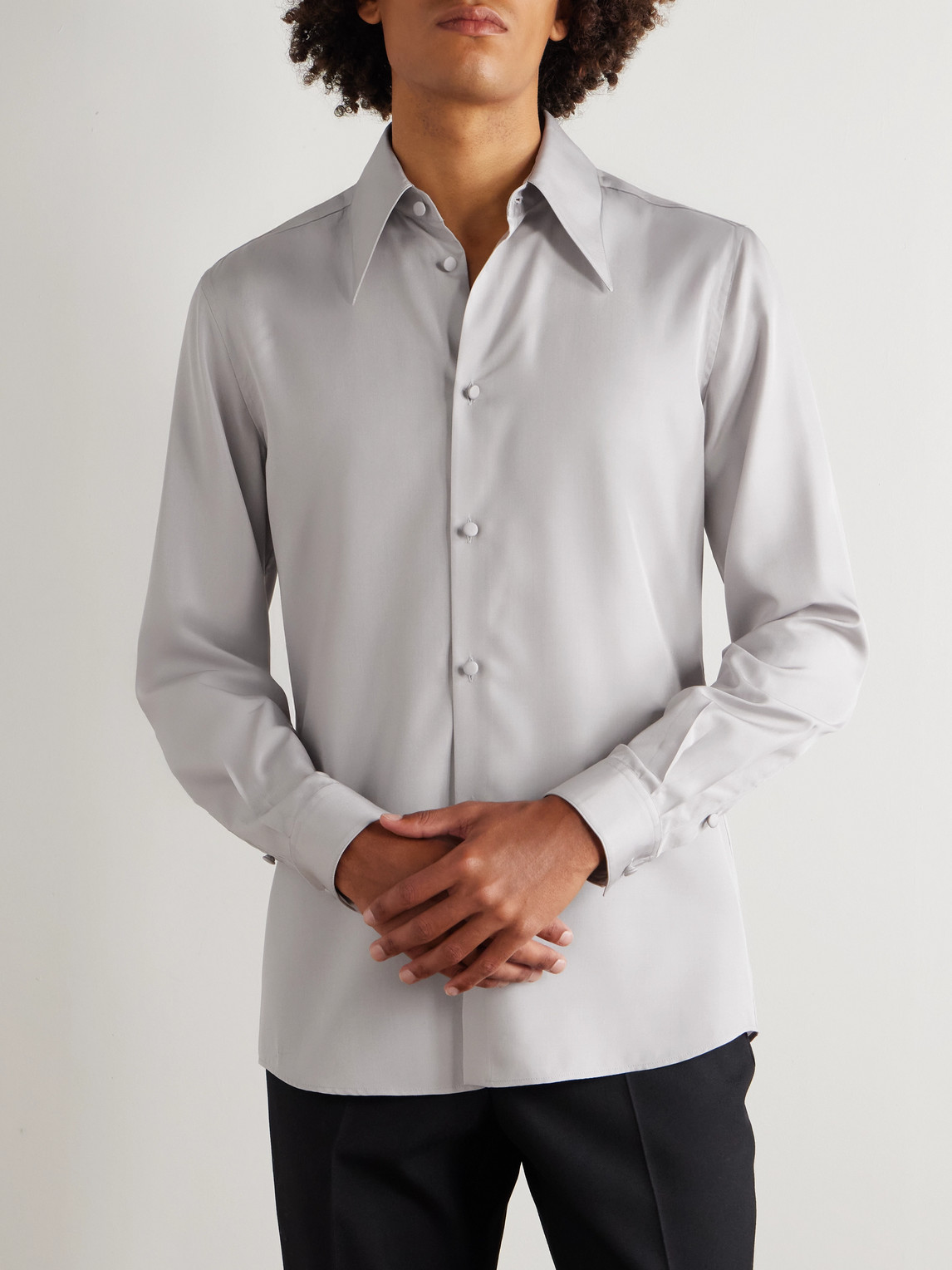 Valentino Slim-fit Silk Shirt In Gray