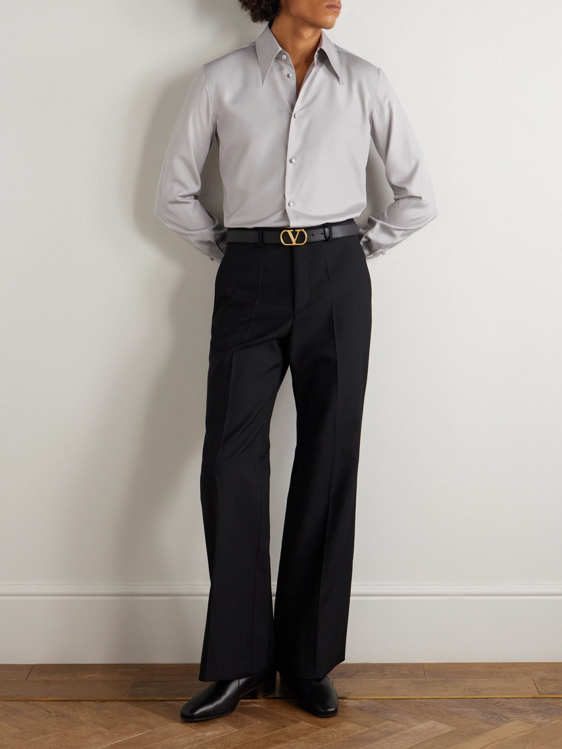 Valentino Slim-fit Silk Shirt In Gray