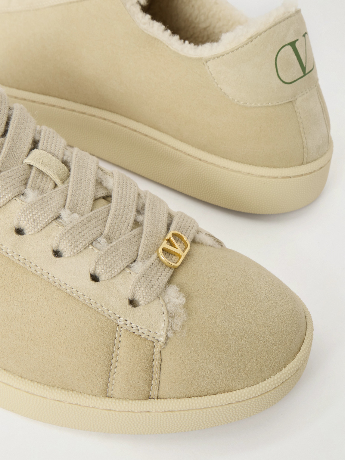 Valentino Royco Shearling Round Toe Flat Sole Sneakers In Neutral