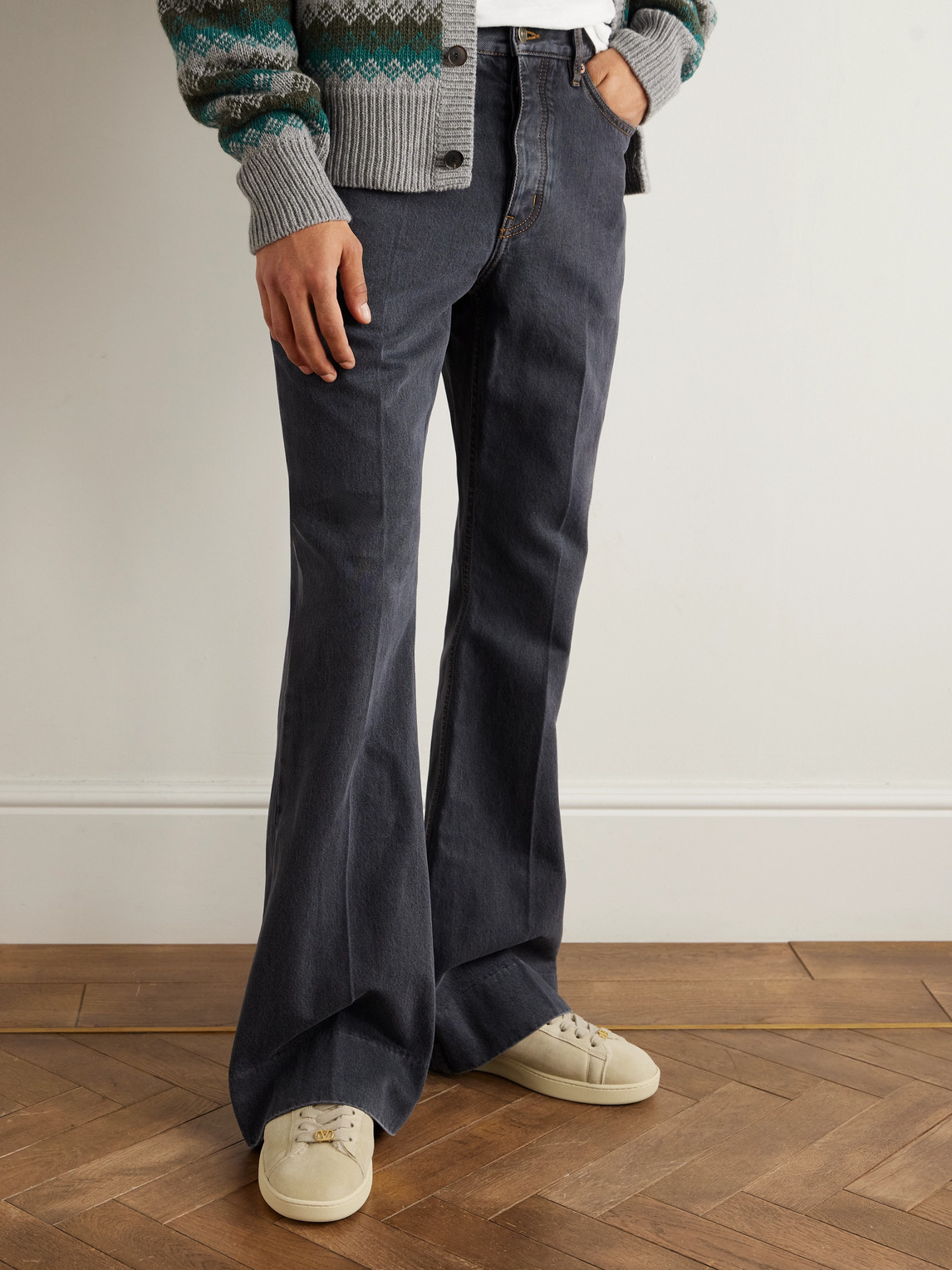 Valentino Royco Shearling Round Toe Flat Sole Sneakers In Neutral