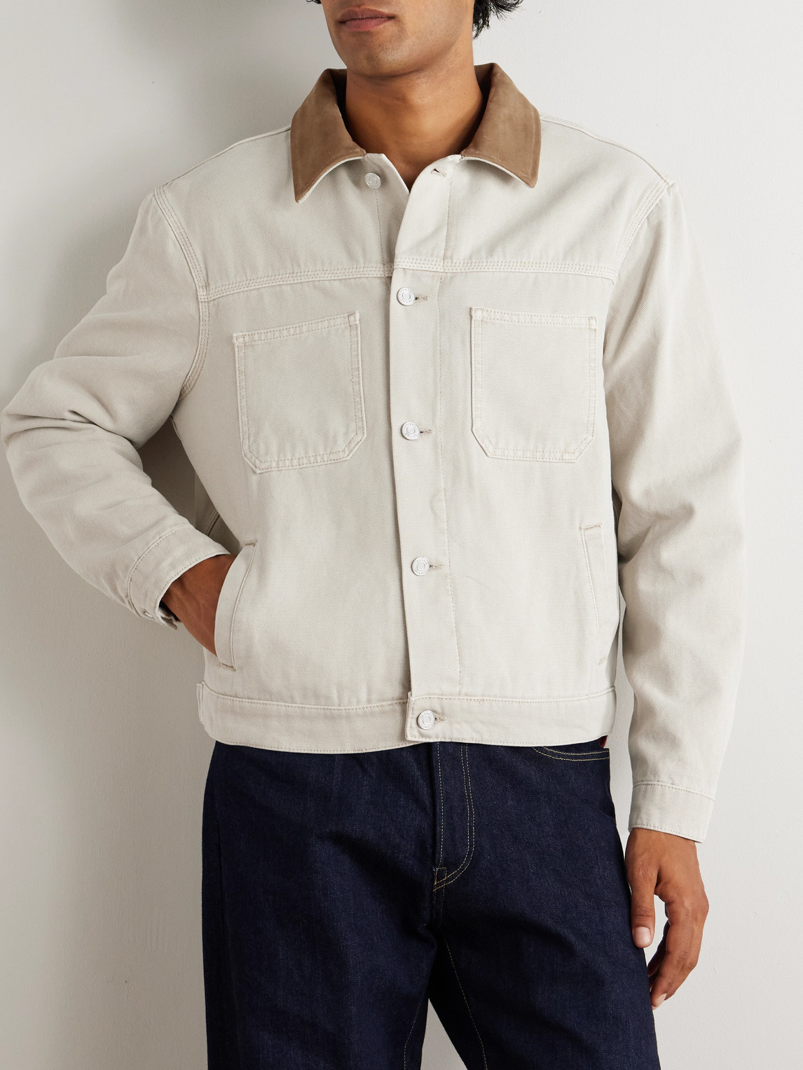 Frame Suede-trimmed Cotton-canvas Jacket In Neutral