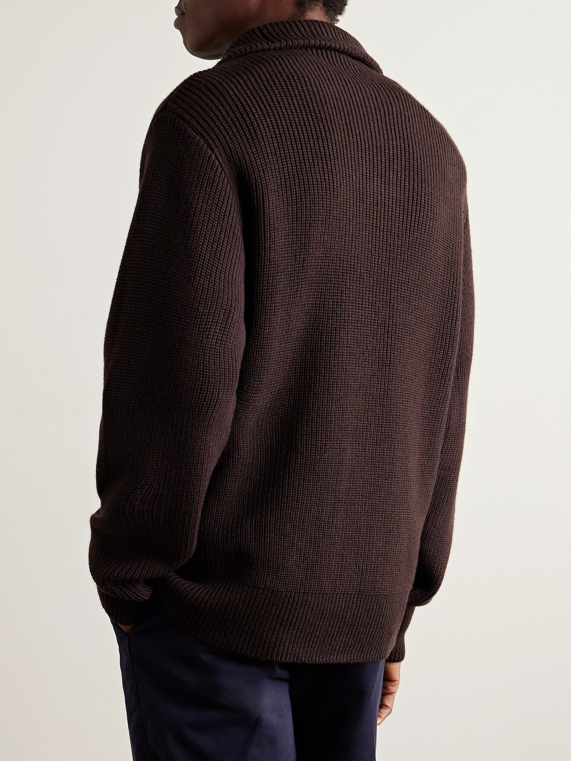 Officine Generale Tarek Ribbed Merino Wool Half-zip Sweater In Brown
