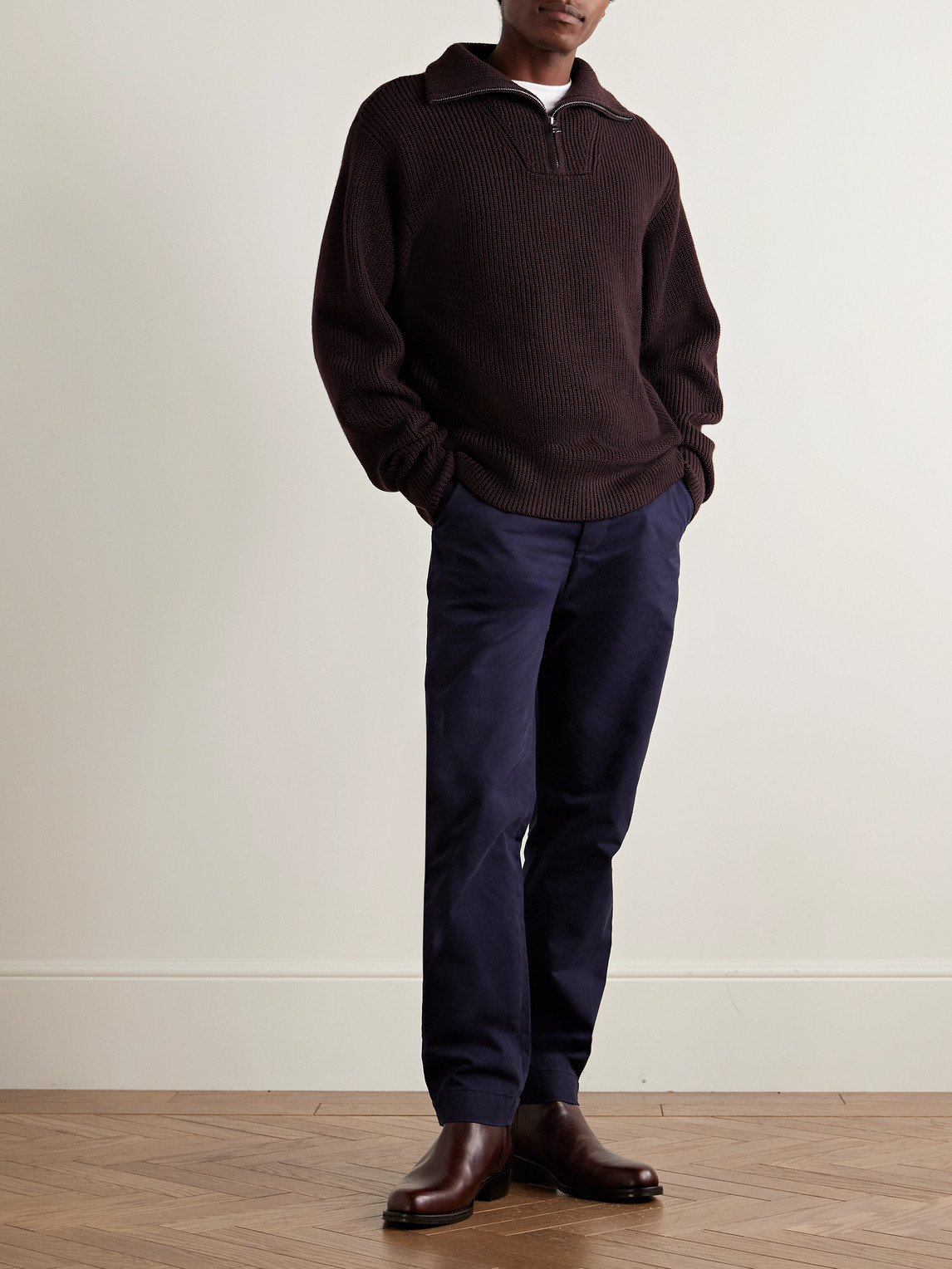 Officine Generale Tarek Ribbed Merino Wool Half-zip Sweater In Brown