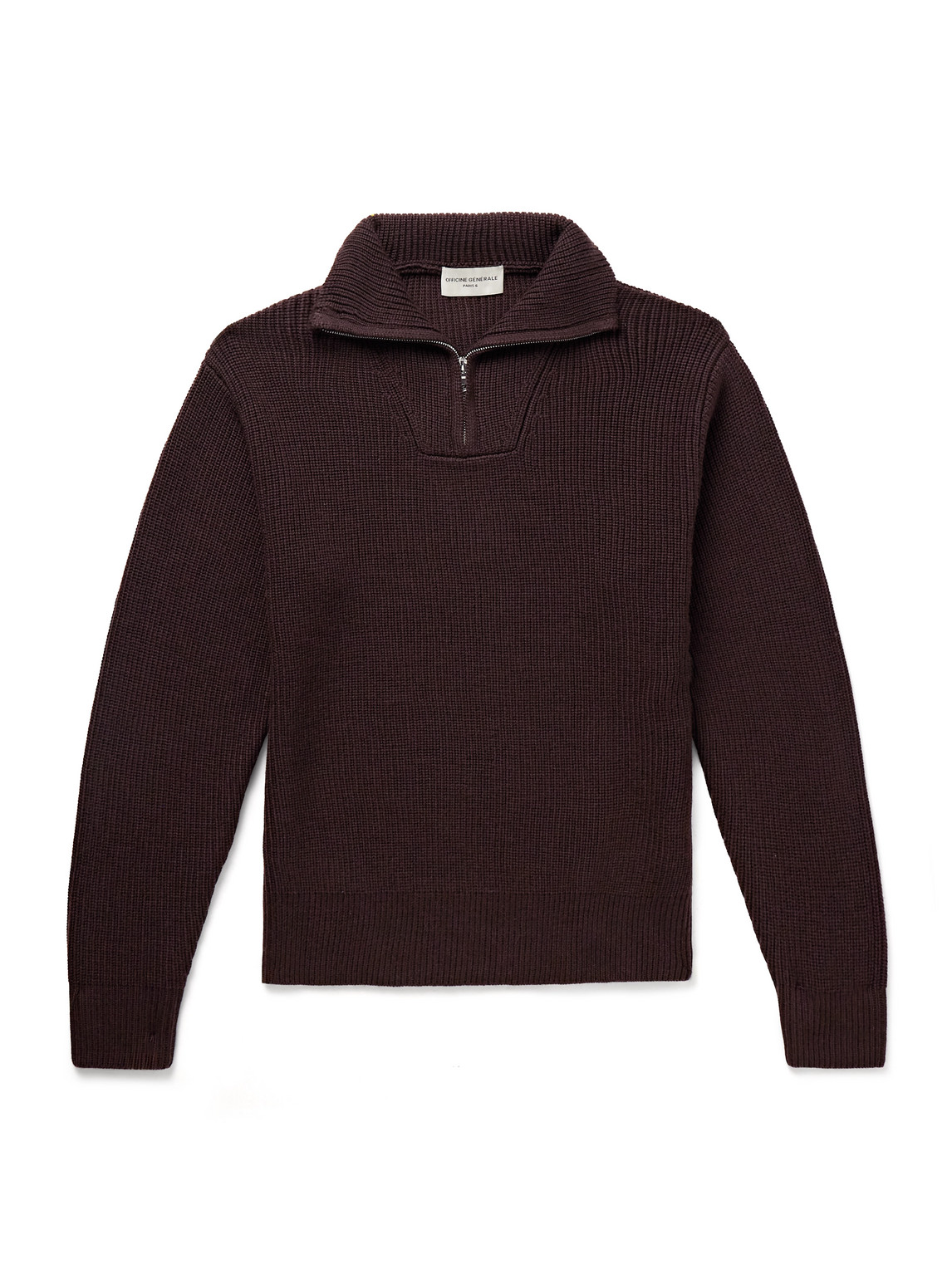 Officine Generale Tarek Ribbed Merino Wool Half-zip Sweater In Brown