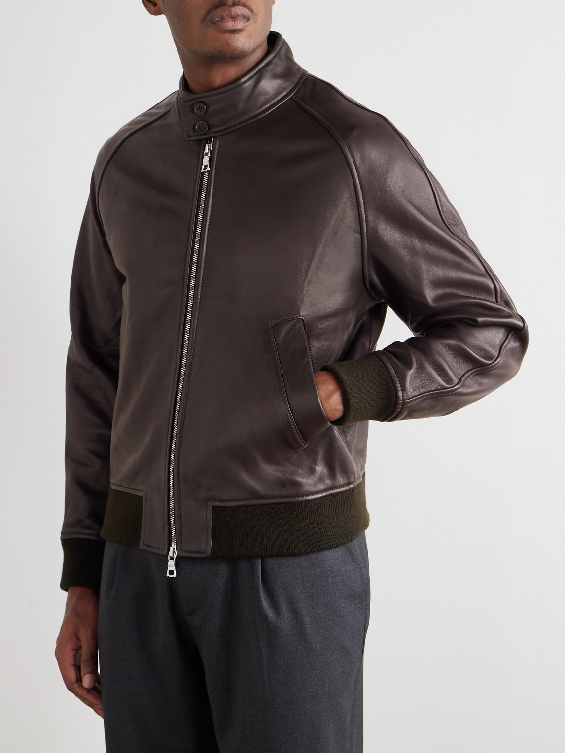 Officine Generale Craig Leather Bomber Jacket In Brown