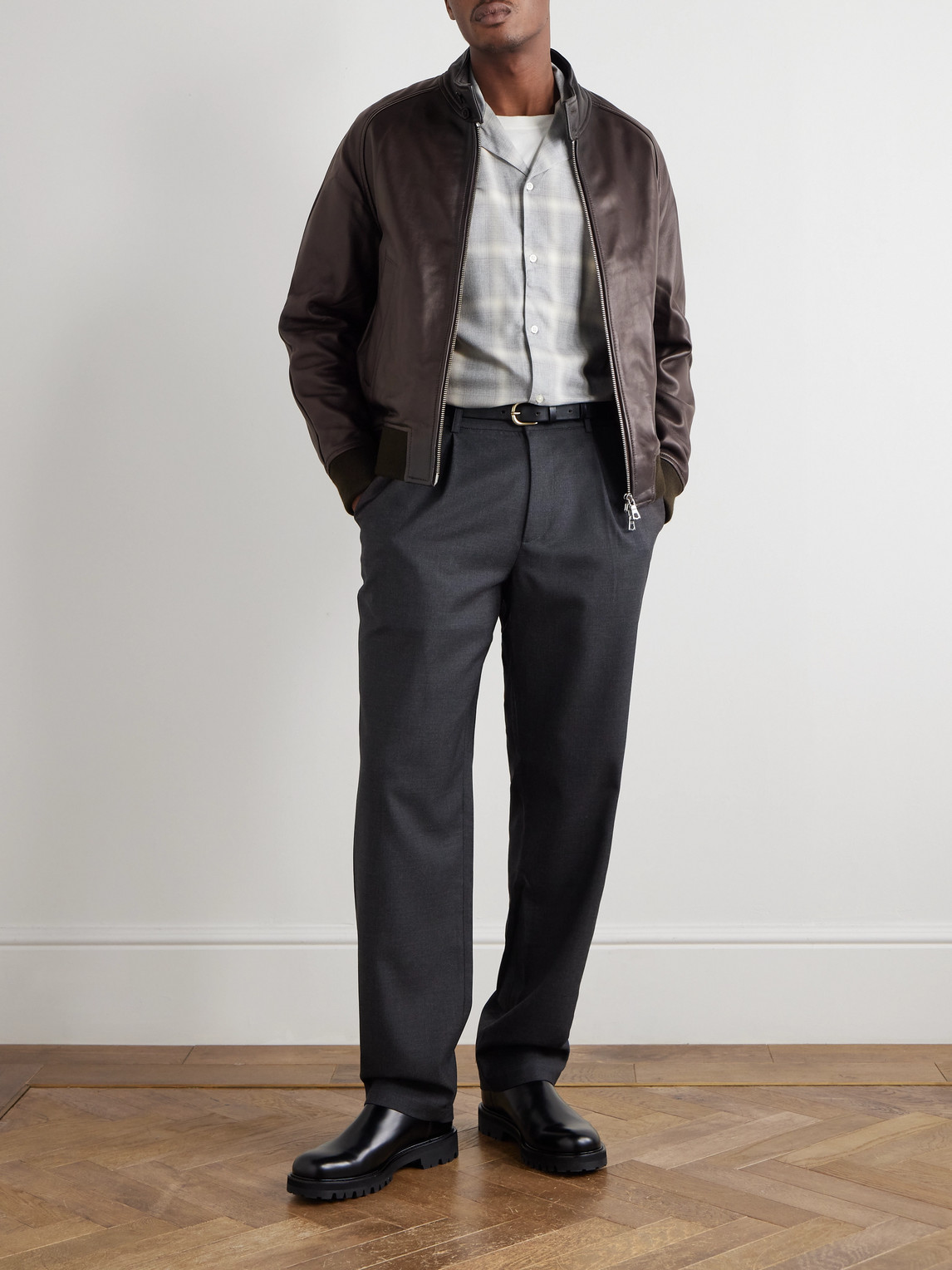 Officine Generale Craig Leather Bomber Jacket In Brown