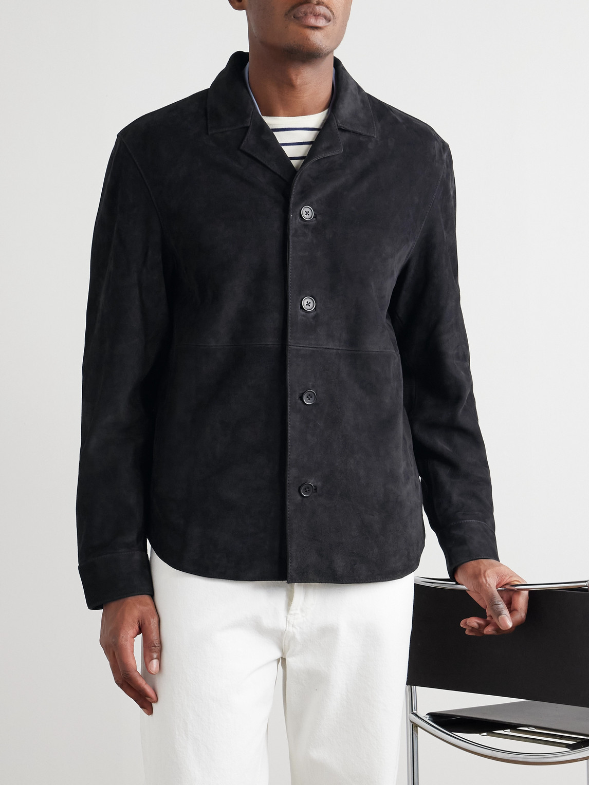 Officine Generale Julien Camp-collar Suede Overshirt In Black