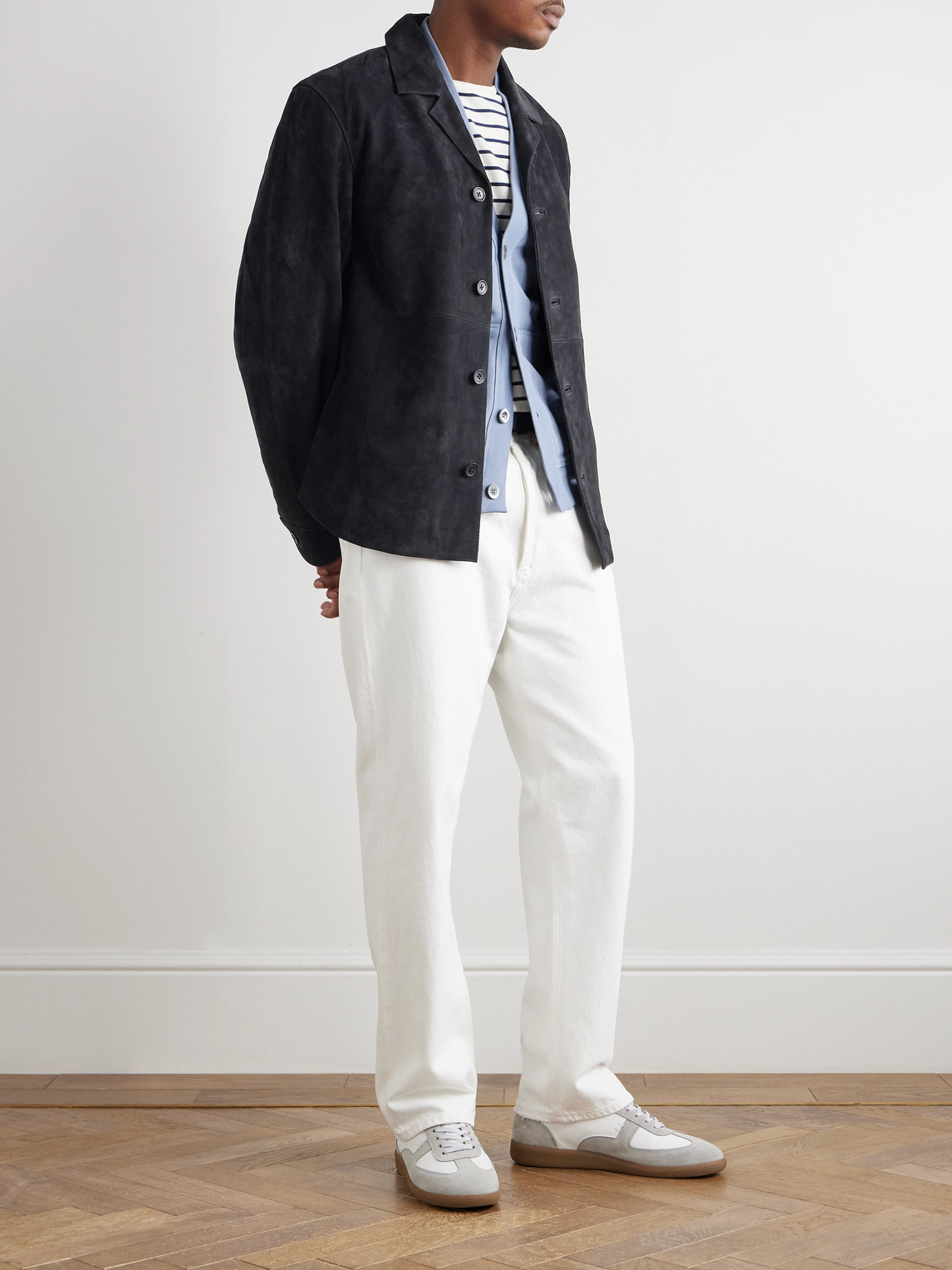 Officine Generale Julien Camp-collar Suede Overshirt In Black